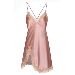 Retro Stage Satin Lace Patchwork Suspender Nightgown Women Medium Pink Slip